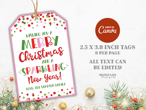 Merry Christmas and Sparkling New Year Tag, Editable Printable Pink Gift Tag