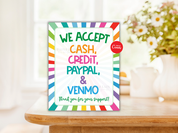 We Accept Cash and Credit Cards Sign Editable PayPal Venmo Cookie Booth Printable Bake Sale Fundraiser Bakery Craft Show Handmade Payment