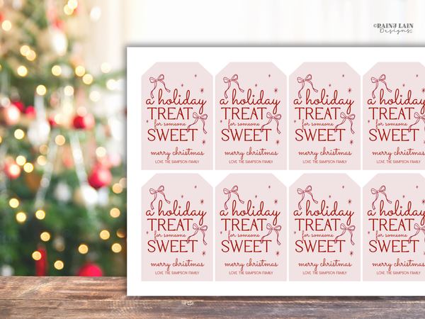 Pink Coquette Bow Holiday Treat Tag Template, Hand Drawn Christmas Gift Editable in Canva