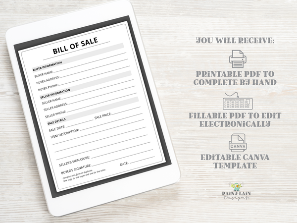 Vehicle of Sale Template, Item BOS, Fillable PDF, Editable Instant Download