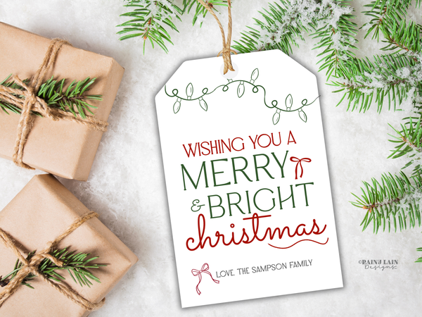 Merry and Bright Christmas Gift Tag, Hand Drawn, Coquette, Printable and Editable Canva