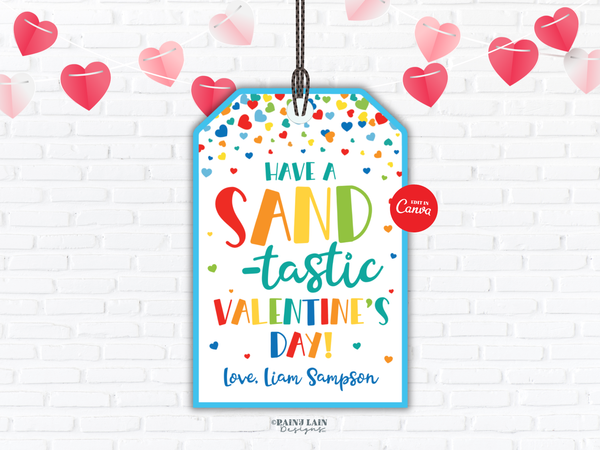 Sand-tastic Valentine Tag, Editable Kids Classroom Printable for Play Sand