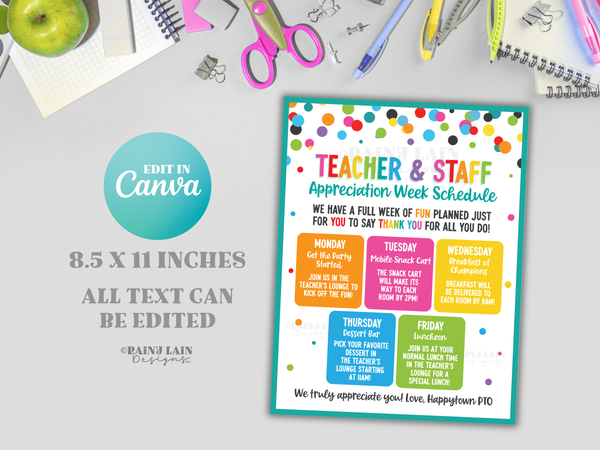 Editable Teacher Appreciation Week Schedule Flyer Itinerary Luncheon Invitation Invite Week of fun for you to Thank you for all you do