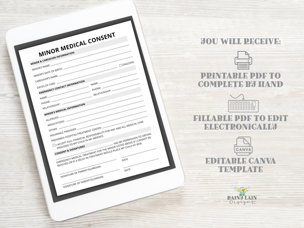 Minor Medical Consent Form, New Patient Form, Babysitter Information, In Case of Emergency