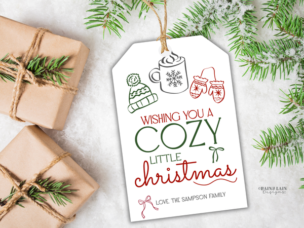 Cozy and Bright Christmas Mug Gift Tag, Hand Drawn, Coquette, Printable and Editable Canva