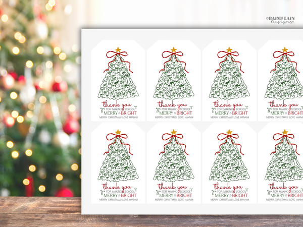 Merry and Bright Gift Tag, Hand Drawn Coquette Bow Tree Christmas, Printable and Editable Canva