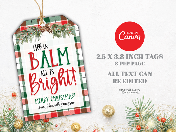 All is BALM Plaid Christmas Gift Tag for Chapstick Lip Balm, Editable in Canva