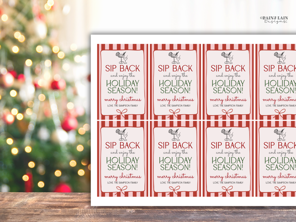 Sip Back and Enjoy the Holidays Gift Tag Template, Pink Coquette Christmas, Editable in Canva