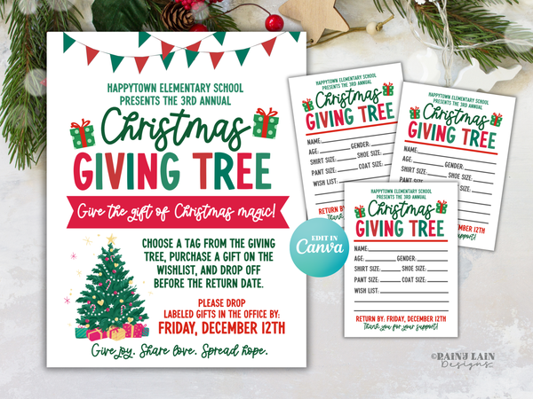 Christmas Giving Tree Gift Tag, Angel Tree Flyer, Editable in Canva