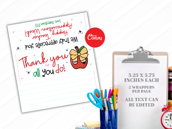 Teacher Appreciation Week Candy Bar Wrapper Printable, Teacher & Staff Thank You Treat Wapper, Editable in Canva
