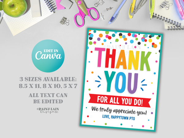 Teacher Appreciation Week Bundle, PTO Staff Kit, Editable Canva Templates, Candy Bar Wrapper, Gift Tag, Schedule, Thank You Sign/Card