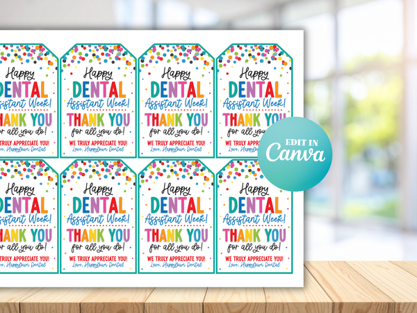 Dental Assistant Week Gift Tag, Appreciation Favor, Editable in Canva, Digital Download