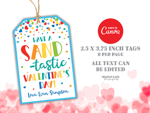 Sand-tastic Valentine Tag, Editable Kids Classroom Printable for Play Sand
