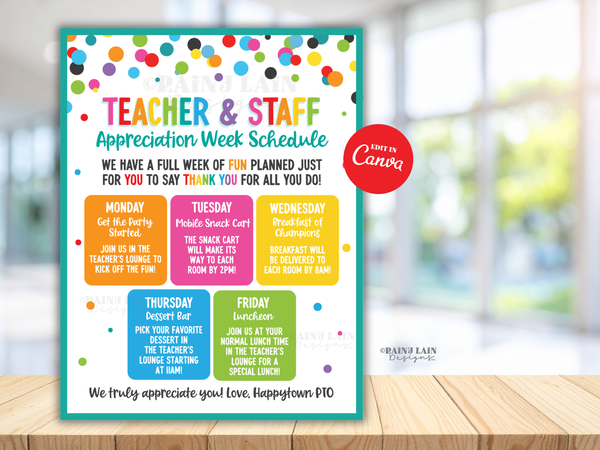 Editable Teacher Appreciation Week Schedule Flyer Itinerary Luncheon Invitation Invite Week of fun for you to Thank you for all you do