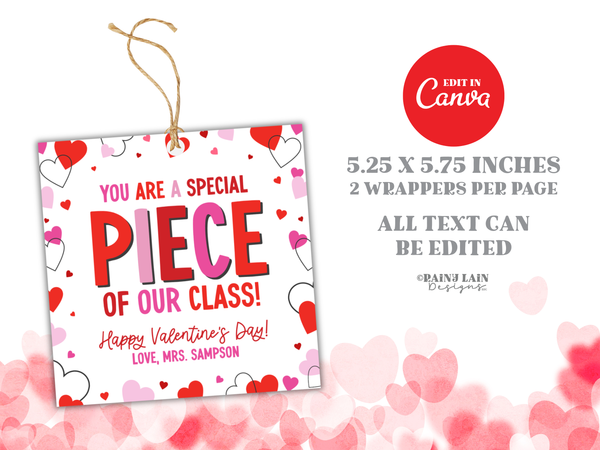 You Are a Special Piece Classroom Valentine Tag, Editable Non Candy Preschool Valentine Printable