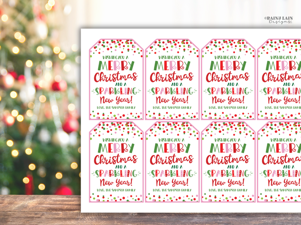 Merry Christmas and Sparkling New Year Tag, Editable Printable Pink Gift Tag