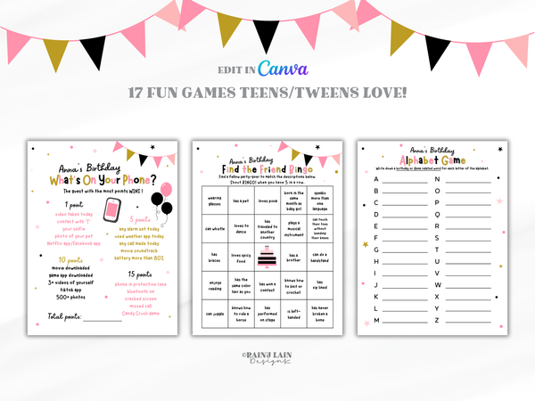 Printable Teen Birthday Party Games, Teen Girl Birthday Party Games Bundle, Editable Birthday Scavenger Hunt for Tweens and Teens, 17 Games