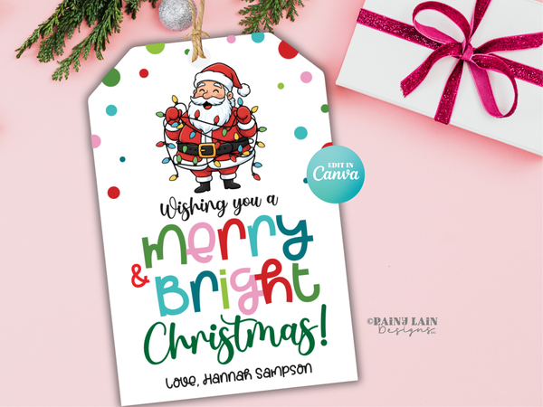 Christmas Lights Gift Tag, Merry and Bright Holiday, Printable, Editable in Canva