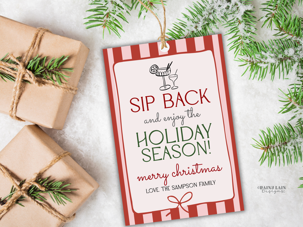 Sip Back and Enjoy the Holidays Gift Tag Template, Pink Coquette Christmas, Editable in Canva