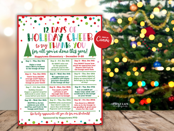 Editable Christmas Holiday Appreciation Flyer Template, 12 Days of Holiday Cheer, Christmas Calendar, Teacher School PTO PTA Event Itinerary