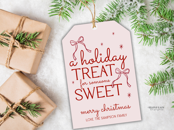 Pink Coquette Bow Holiday Treat Tag Template, Hand Drawn Christmas Gift Editable in Canva