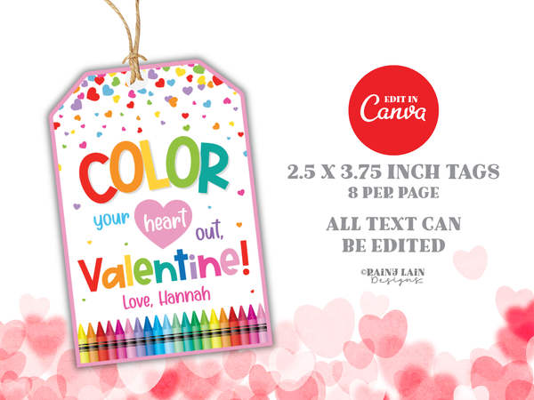 Coloring Book Valentine Tag, Color Your Heart Out, Crayon Classroom Printable, Editable Canva Template