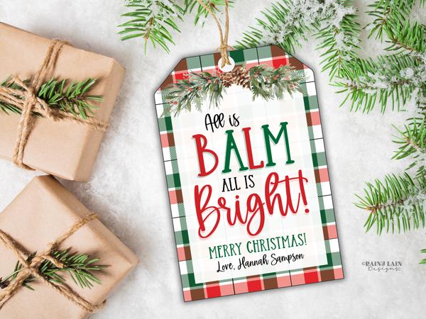 All is BALM Plaid Christmas Gift Tag for Chapstick Lip Balm, Editable in Canva