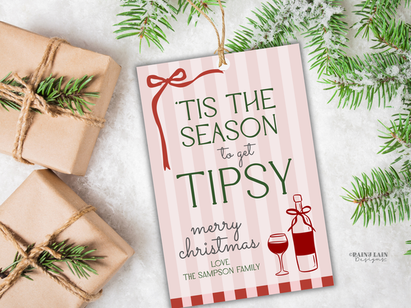 Tis the Season to Get Tipsy Gift Tag Template, Pink Coquette Christmas, Editable in Canva
