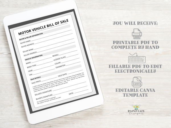 Vehicle of Sale Template, Item BOS, Fillable PDF, Editable Instant Download
