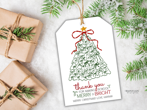 Merry and Bright Gift Tag, Hand Drawn Coquette Bow Tree Christmas, Printable and Editable Canva