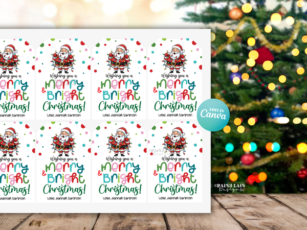 Christmas Lights Gift Tag, Merry and Bright Holiday, Printable, Editable in Canva
