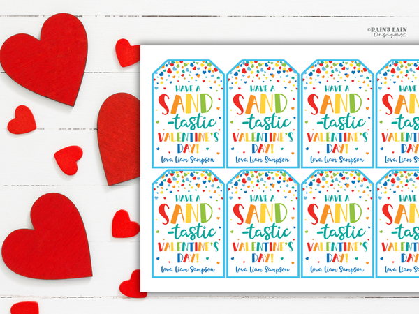 Sand-tastic Valentine Tag, Editable Kids Classroom Printable for Play Sand