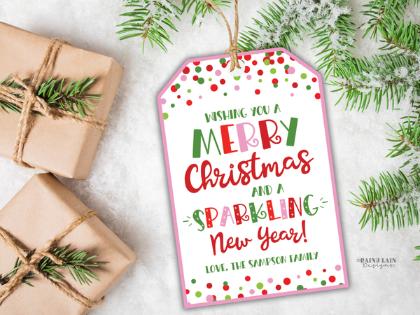 Merry Christmas and Sparkling New Year Tag, Editable Printable Pink Gift Tag