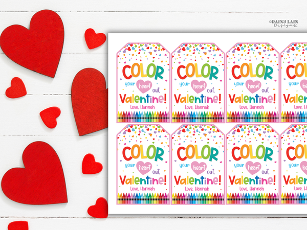 Coloring Book Valentine Tag, Color Your Heart Out, Crayon Classroom Printable, Editable Canva Template