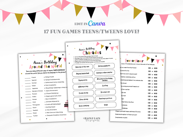 Printable Teen Birthday Party Games, Teen Girl Birthday Party Games Bundle, Editable Birthday Scavenger Hunt for Tweens and Teens, 17 Games
