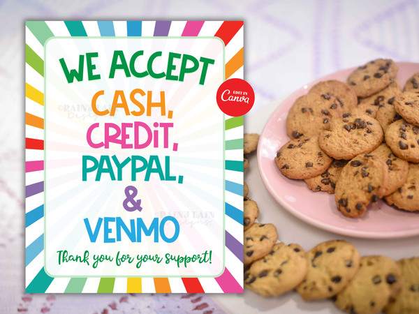 We Accept Cash and Credit Cards Sign Editable PayPal Venmo Cookie Booth Printable Bake Sale Fundraiser Bakery Craft Show Handmade Payment