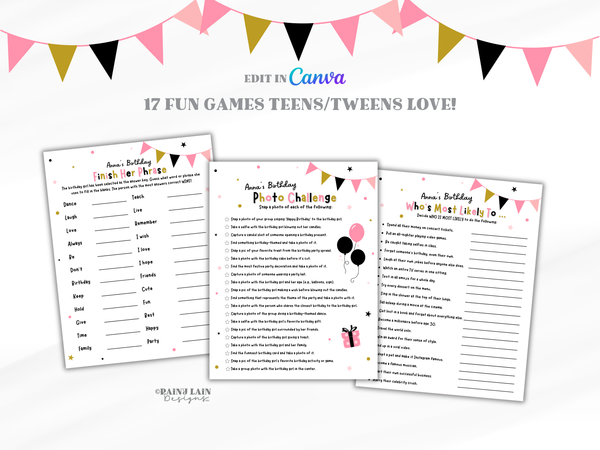 Printable Teen Birthday Party Games, Teen Girl Birthday Party Games Bundle, Editable Birthday Scavenger Hunt for Tweens and Teens, 17 Games