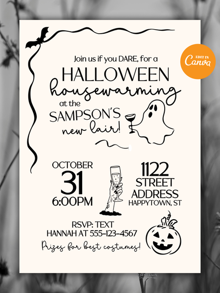 Halloween Housewarming Invitation Template, Party Invite, Editable in Canva, Hand drawn doodles