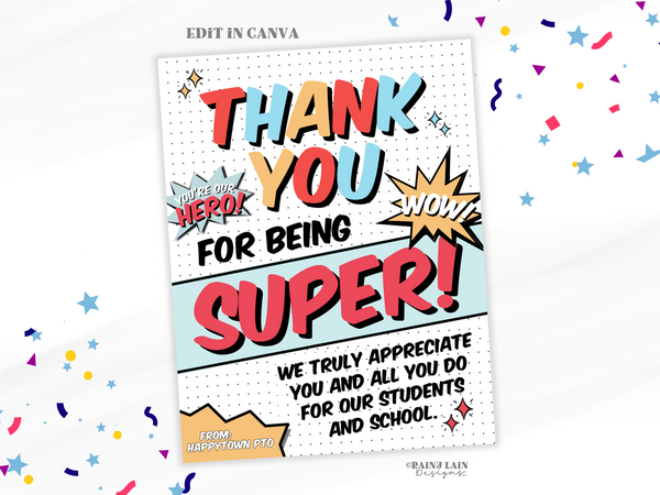 Editable Teacher Appreciation Week Sign Template, Superhero Theme, Comic Book, Thank You for being Super, Staff, Break Room Sign, Canva