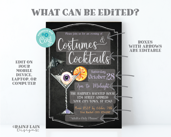 Costumes and Cocktails Invitation, Adult Halloween Party Invite, Printable, Editable, Cocktail Party, Halloween Costume, Digital Download