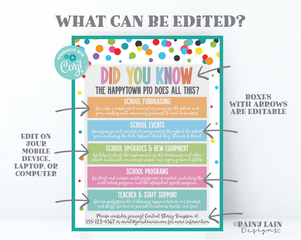 Editable PTO Flyer Template, Printable School PTA Newsletter, Did you know, Customizable, Why Join the PTO, Recruitment, Digital Download