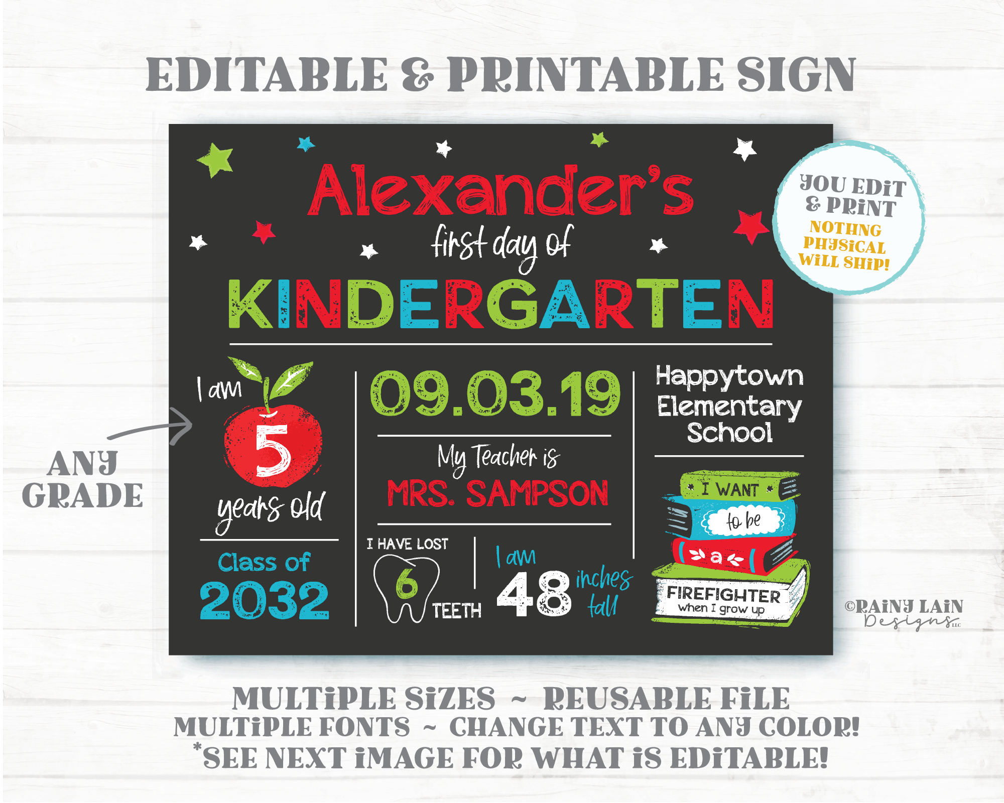 Editable First Day of School Sign Printable Chalkboard Template Back Photo Prop Books Apple Stars 1st 3rd 4th 5th Kindergarten ANY Grade