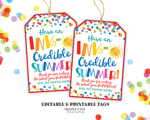 INK-credible Summer Tag, Ink Pen Gift Tag, Stu-PEN-dous School Year, Editable Last Day of School Gift Tag, From Student to Teacher, PTO gift