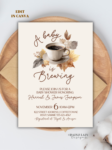 A Baby is Brewing Baby Shower Invitation, Watercolor Coffee Baby Shower Template, Editable Baby Shower Invite with Autumn Leaves