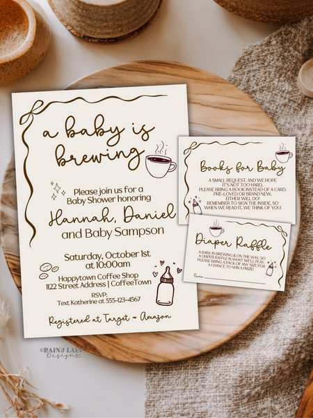 A Baby is Brewing Shower Bundle, Coffee Baby Shower Invitation, Doodle Hand Drawn Invite, Baby Shower Editable Bundle, Canva Template