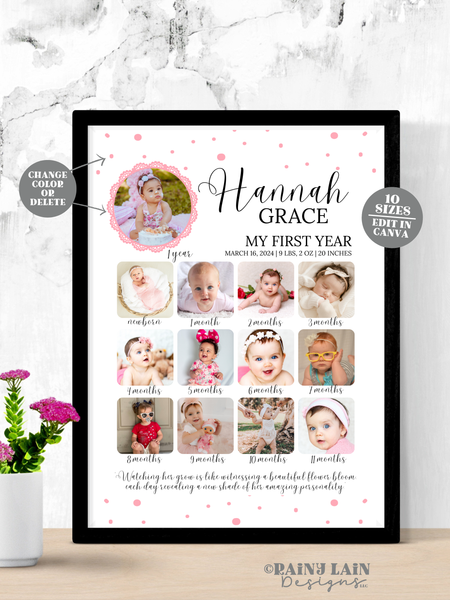 Milestone Birthday Sign, Printable Baby's First Year Poster Template, Editable 1st Birthday Milestone Board, 1st Birthday Photo Collage Sign