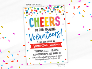 Volunteer Appreciation Invite Template, Cheers to Our Volunteers Appreciation Week, School PTO PTA, Canva Template