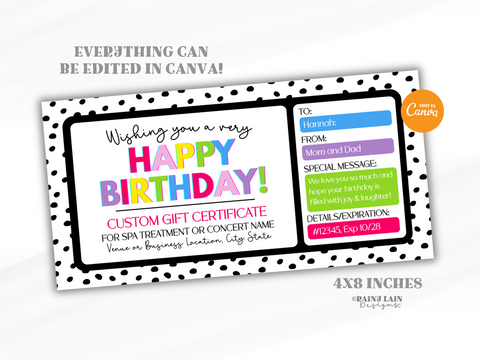 Happy Birthday Custom Gift Voucher Template, Editable in Canva