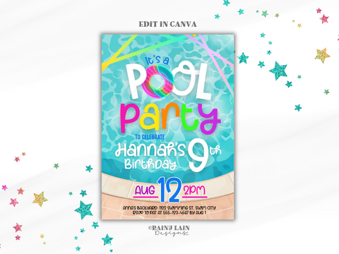 Neon Pool Party Invite, Neon Pool Party Invitation, Glow Neon Pool Party Invite, Digital, Printable, Editable Canva Template