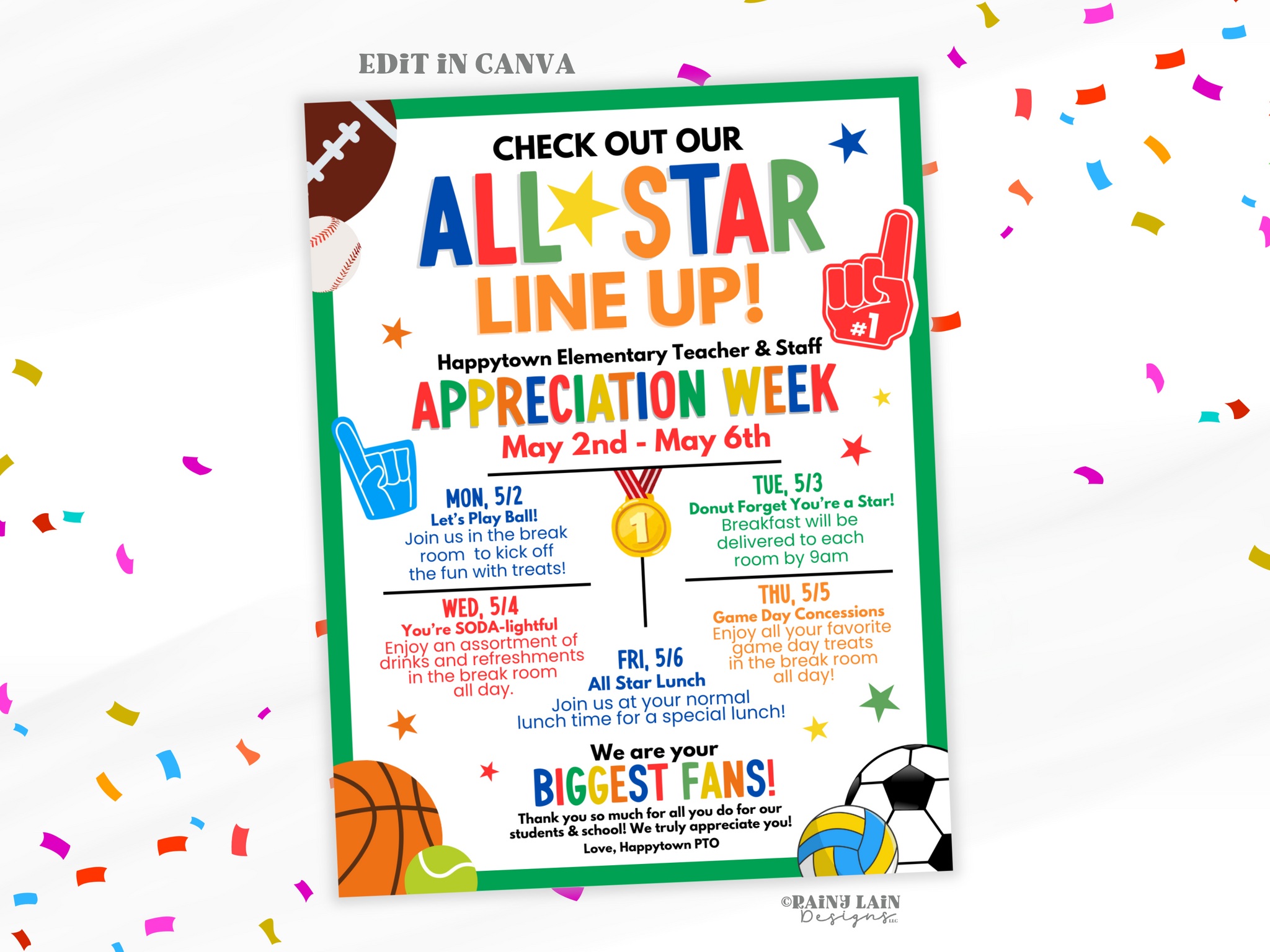 Editable Teacher Appreciation Week Flyer Template, Sports Theme, All Star Line Up, You're a Star, Staff Appreciation Schedule, Itinerary